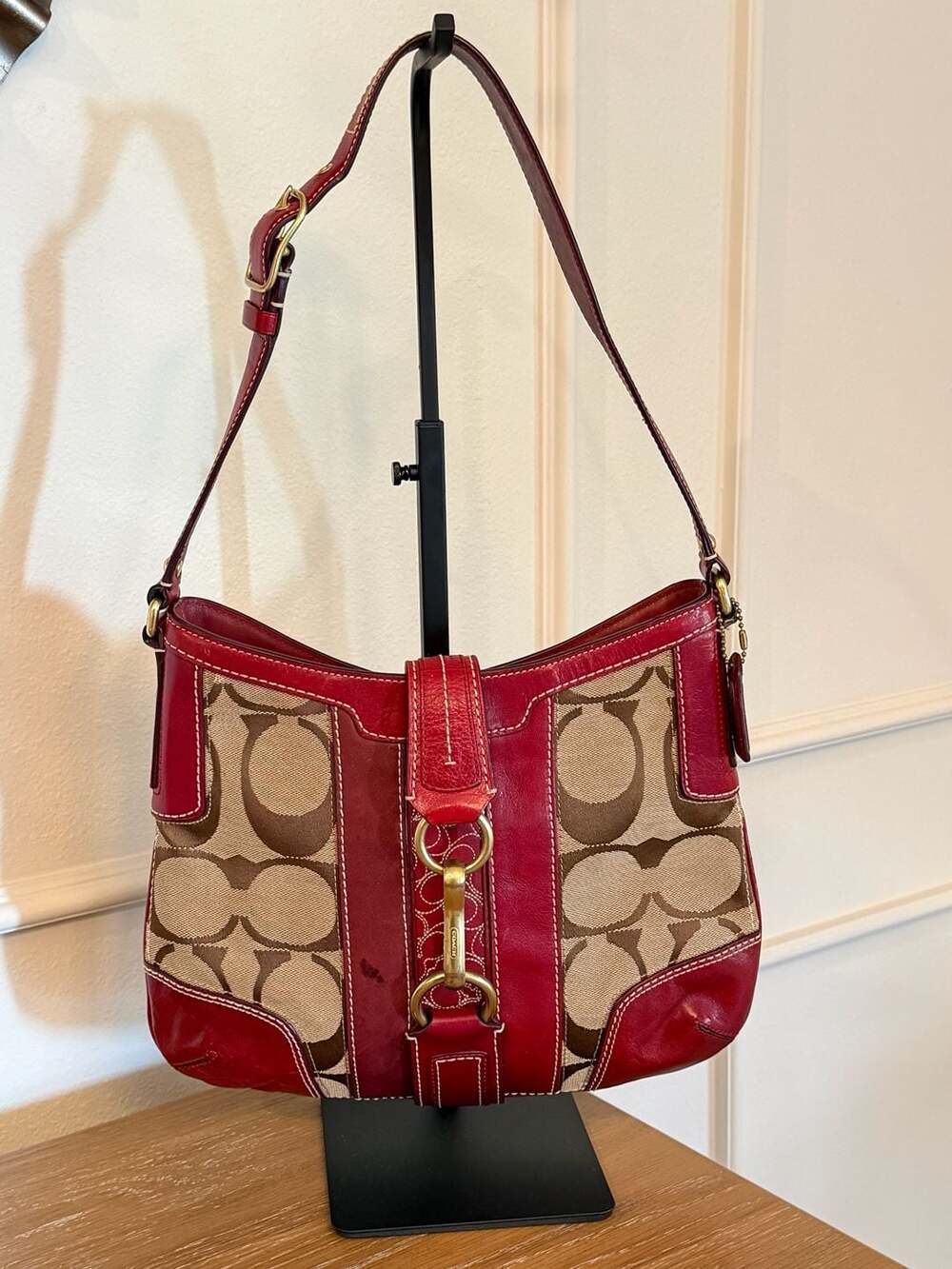 Coach Signature Ergo Pleated Hobo Bag with Red Leather Trim and Brass Clip 11067